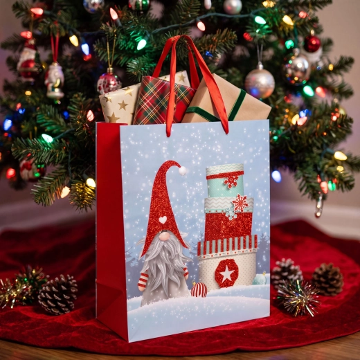 Christmas gift bag with gnome design and glitter - 1 piece