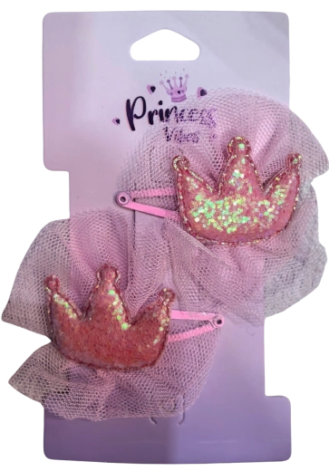 PINK glitter crown hair clips, 2 pcs