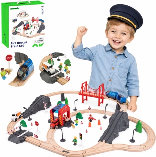 Tooky Toy wooden electric train set with fire station and sound effects, 70 pieces, FSC