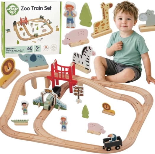 Woopie Green дървена влак-писта zoo XL – магнитен влак, мост и 60 части, FSC