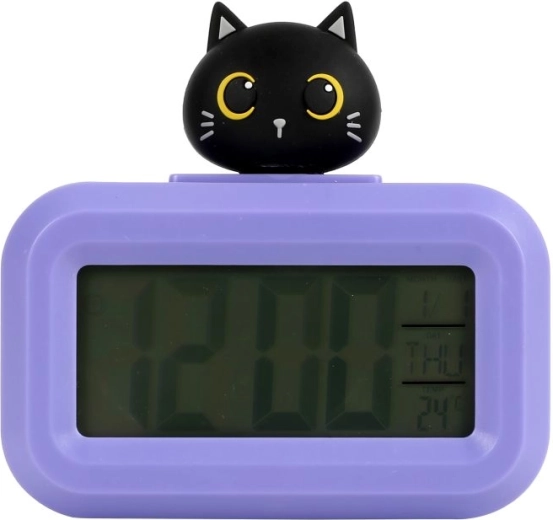 Purple digital alarm clock with a cat