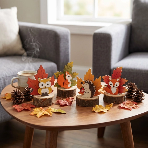 Autumn MDF Table Decoration with Maple Leaf and Animal - 1 Piece