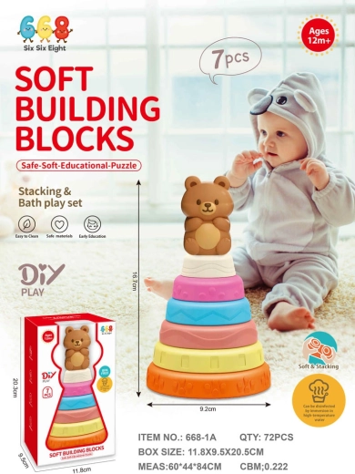 Colorful soft sensory stacking pyramid with a teddy bear