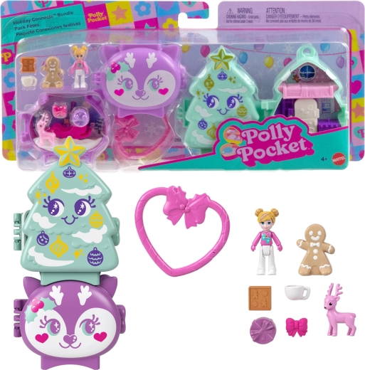 Mattel Polly Pocket коледен свързващ се компактен игрови комплект Holiday Connects – елха и еленче – 2 бр.