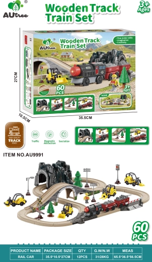 Wooden Train Set with Construction Vehicles, 60 Pieces