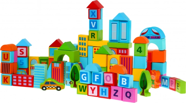 Дървени строителни кубчета Град 100 части за деца 3+