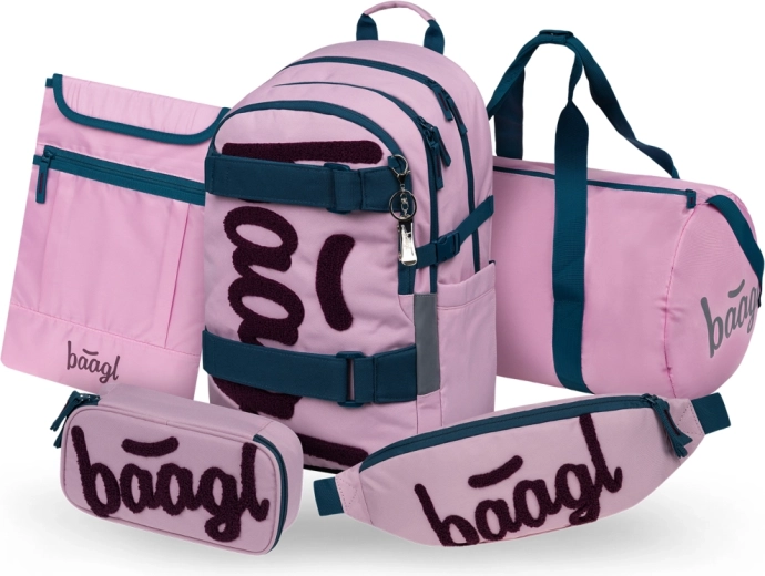 Baagl set Skate Rose: school backpack, pencil case, sports bag, waist bag, and laptop sleeve GRS