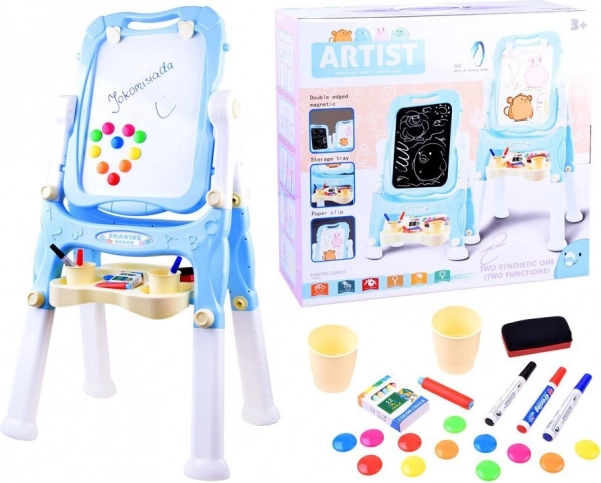 Детска двустранна магнитна и тебеширена рисувателна табла на стойка – Modrá