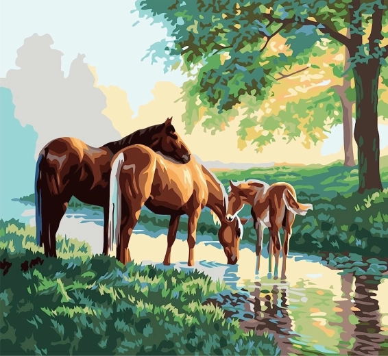 Paint by Numbers Horse Family by the Stream 40 × 50 cm