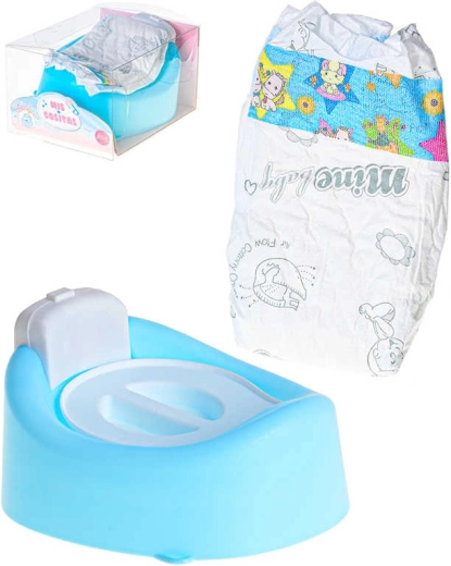 Doll potty and diaper play set with battery-powered sound