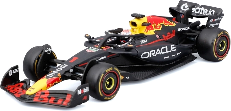 Bburago Formula 1 model Oracle Red Bull Racing RB21 2025 Max Verstappen 1:43 in a decorative display case