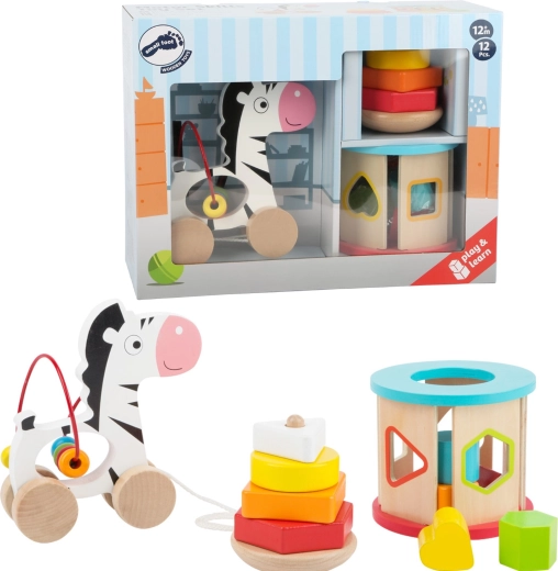 Small Foot дървен комплект играчки 3 в 1 със зебра, сортер и пирамида