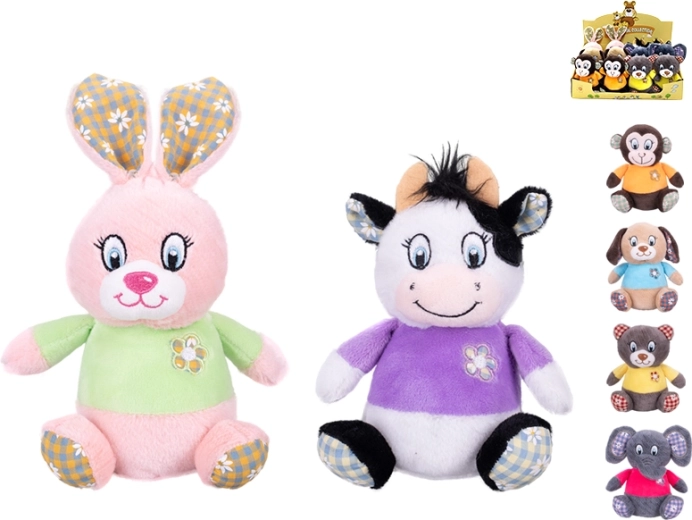 Plush animal 15 cm with colorful T-shirt, from birth