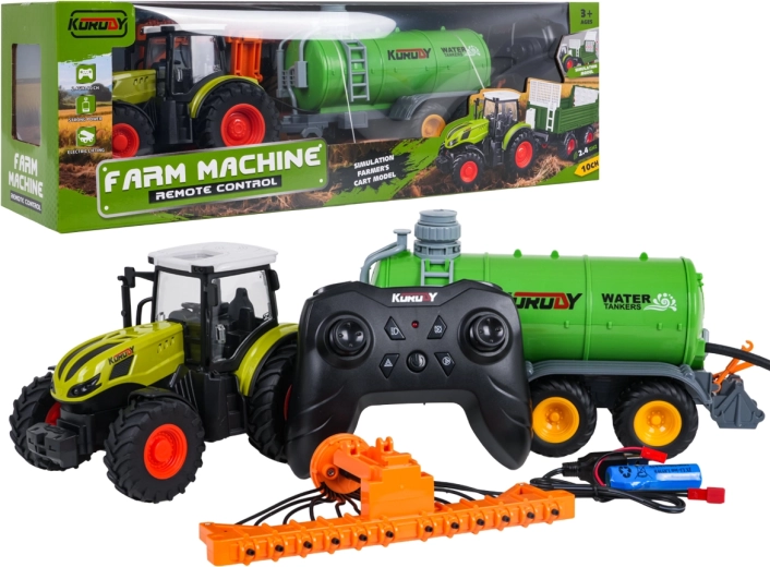 Remote-controlled tractor with green tanker trailer and hay rake 1:24