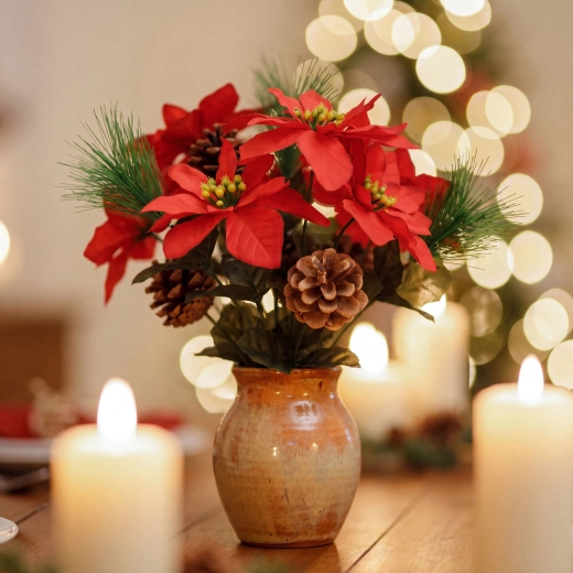Christmas Star Decoration with 3 Flowers and a Pine Cone, Dark Red, 34 cm
