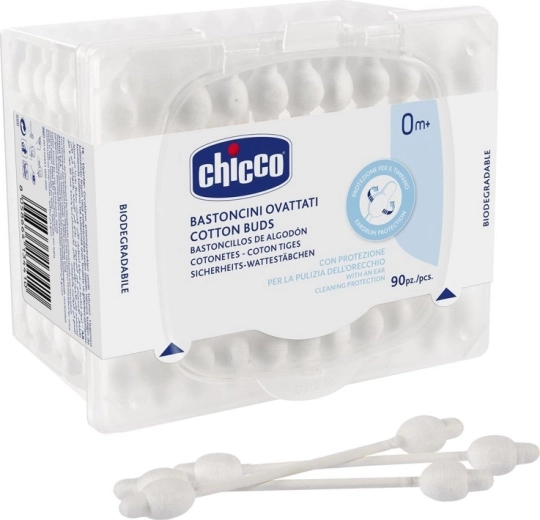 Chicco памучни клечки за уши с анатомична форма, 100% памук, 90 бр.