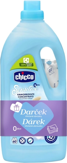 Chicco омекотител Baby Sensitive „Сладка пудра“ 1,5 л (60 пранета) + влажни кърпички 72 бр.