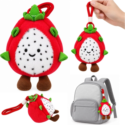 Plush dragon fruit pitaya keychain with carabiner, 12 cm
