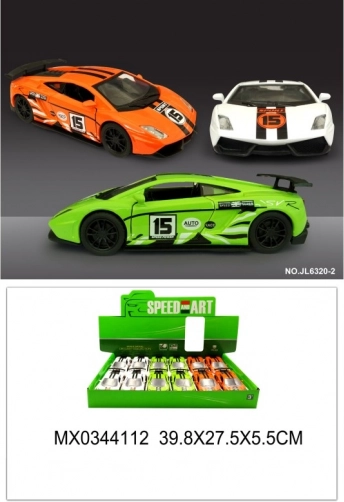 Metal sports car model with opening doors and pull-back function