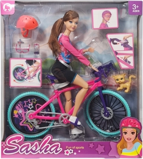 Doll on a Bicycle with Accessories
