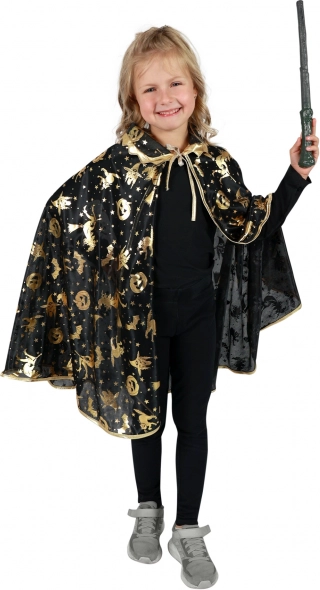 Kids' wizard cloak for Halloween, black with gold motifs