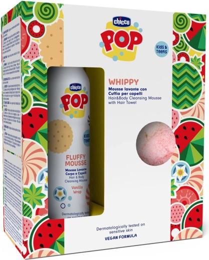 Chicco POP ванилкова пяна за тяло и коса 2в1 с кърпа за коса 200 мл