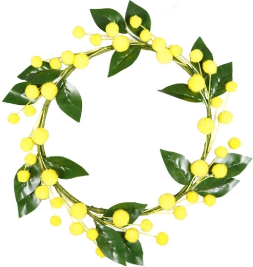 Spring decorative wreath with yellow pom‑poms