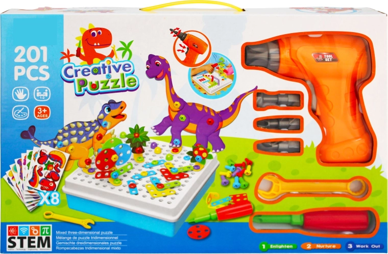 Creative STEM building set with drill – dinosaurs, 201 pieces