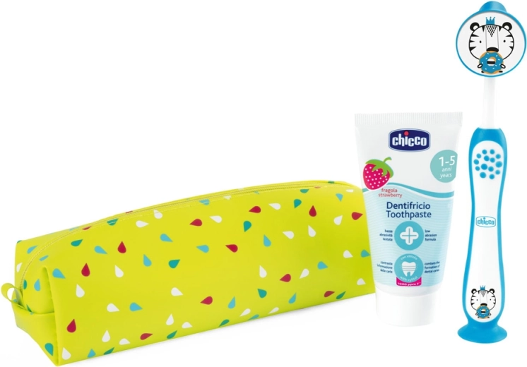 Chicco пътнически комплект за устна хигиена с четка и паста Tiger (3+ години)