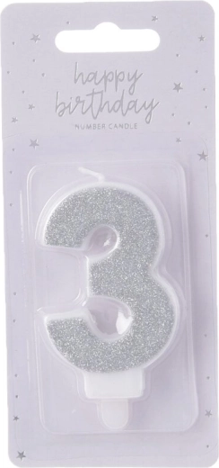 Свещ за торта – цифра 3, сребърна, 7 см