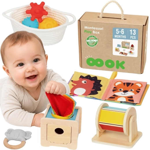 Woopie Green Montessori сензорна кутия 6 в 1 за деца на възраст от 5 до 6 месеца – 13 части