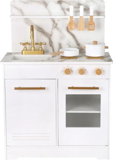 Wooden play kitchen for kids – white with marble design