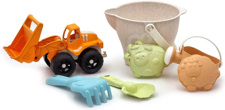 WOOPIE GREEN комплект за пясък с товарач в кофичка, 7 части, биоразградим материал