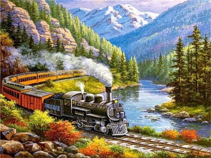 Диамантено рисуване – влак в планинска долина 30 × 40 cm