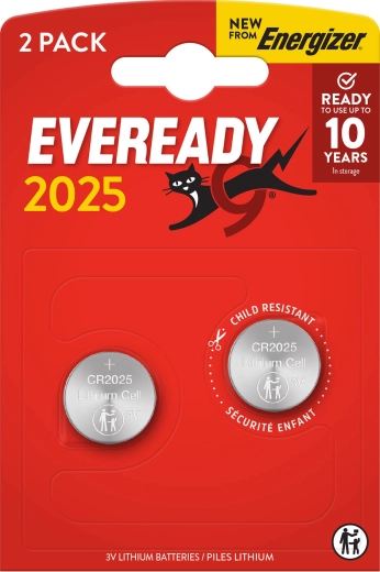 ENERGIZER CR2025 Lithium Button Batteries, 3 V, Pack of 2