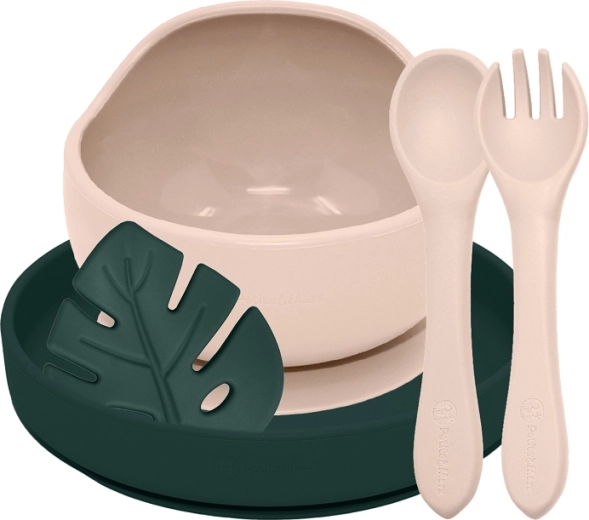 Petite&Mars силиконов комплект за хранене Take&Match 4 части desert sand / misty green (6m+)
