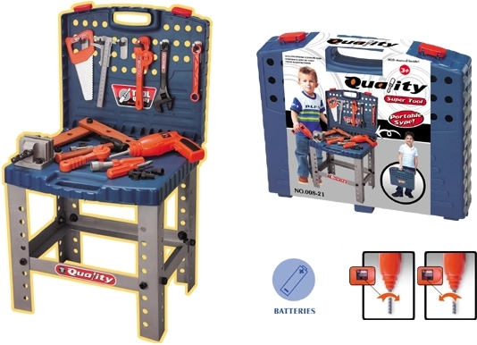 Детски куфарчест работен плот с инструменти и електрическа бормашина
