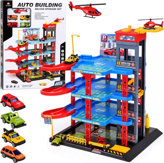Children's four-level parking garage with elevator, car wash and helicopter