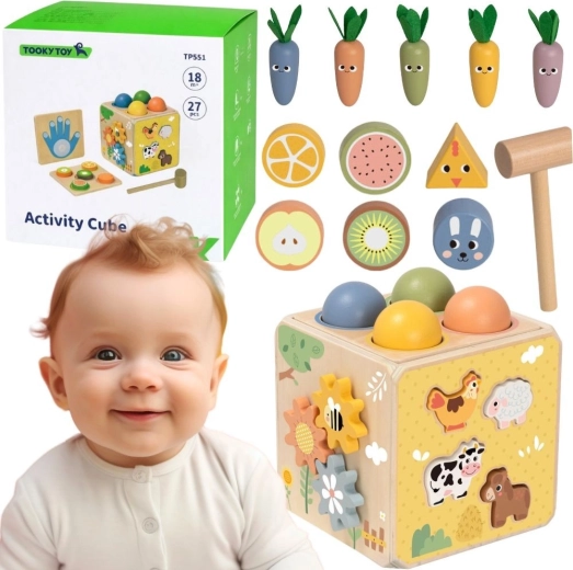 Tooky Toy дървена образователна активна кубче 5 в 1
