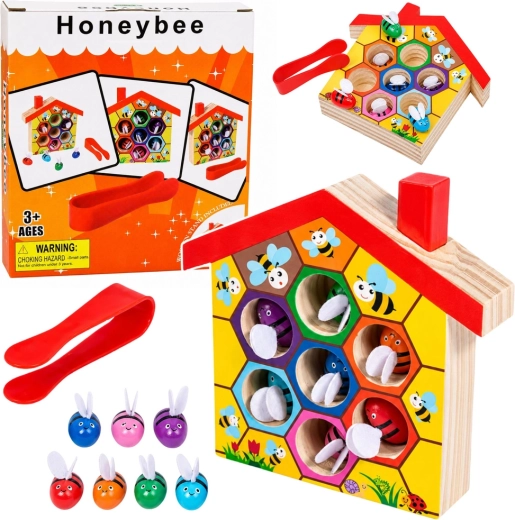 Wooden Montessori beehive with bees and tweezers (7 pcs)