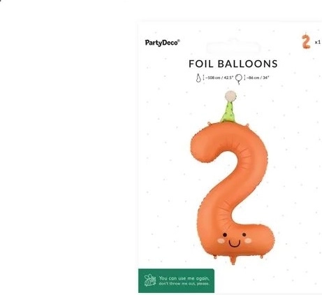PartyDeco foil balloon number 2, orange with a face, 86 cm