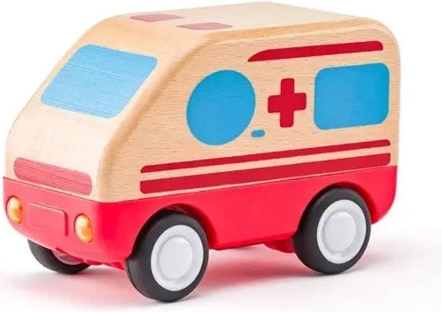 Woody wooden friction-powered ambulance with lights and sound