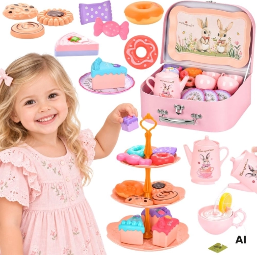 WOOPIE Children's Tea and Coffee Set with Bunny Motif in a Suitcase, 48 Pieces