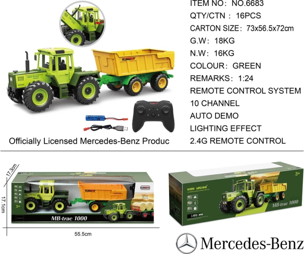 Remote-Controlled Green Mercedes-Benz Tractor with Yellow Trailer 1:24