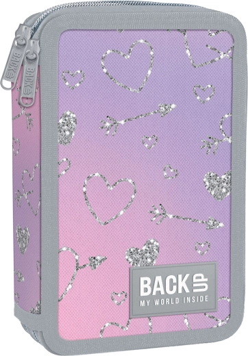 Two-compartment school pencil case with supplies BackUP glitter hearts