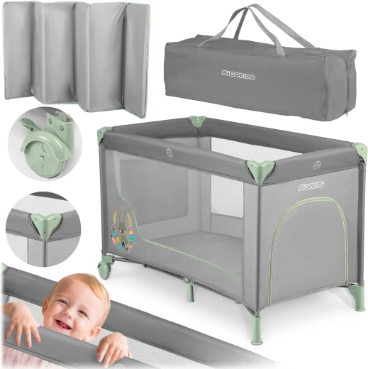 Пътническо детско легълце Kikkids сиво-мента 125 × 65 × 78 см с матрак и чанта