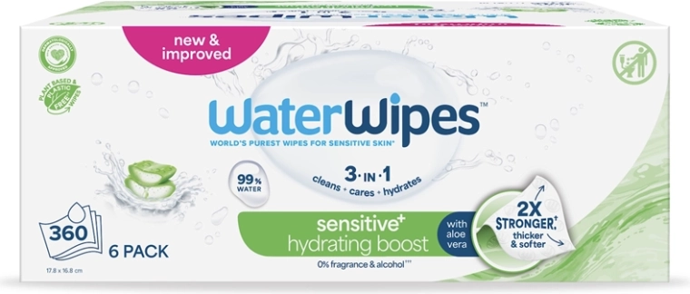 WaterWipes хидратиращи мокри кърпички с алое вера 3в1 6×60 бр. (360 бр.)