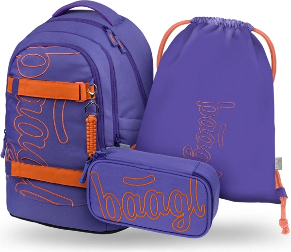 Baagl set 3 Skate Max Orange – school backpack, pencil case and GRS drawstring bag