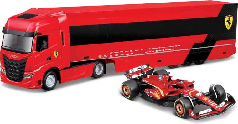 Bburago Ferrari Racing Hauler Iveco with trailer and F1 Ferrari SF-24 2024 (Charles Leclerc) 1:43