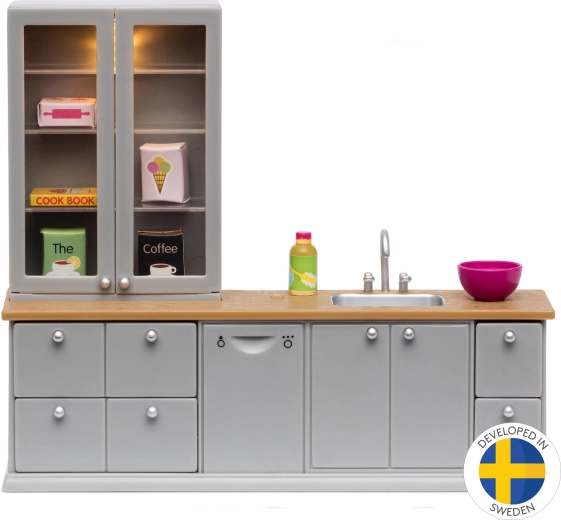Кухненски мебели за къща за кукли с бюфет и LED осветление Lundby